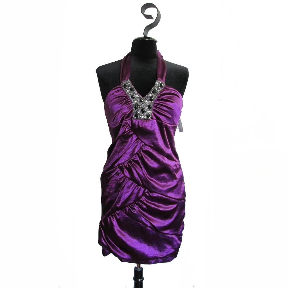 Windsor Purple Satin Stretch Halter Neck Dress 13
